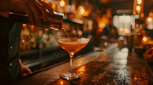 Barman pouring fresh alcoholic drink into the glasses with ice cubes on the bar counter