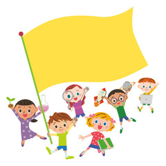 大きな黄色い旗を持って勉強道具を持って行進する子供達