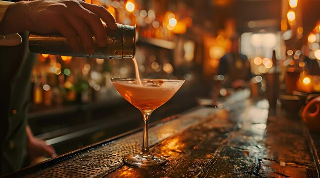 Barman pouring fresh alcoholic drink into the glasses with ice cubes on the bar counter