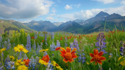 Fototapeta premium Mountain Meadow Bliss under Blue Sky