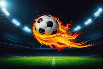 Fototapeta premium soccer ball flaming in the stadium, banner or poster background sport football competitions 