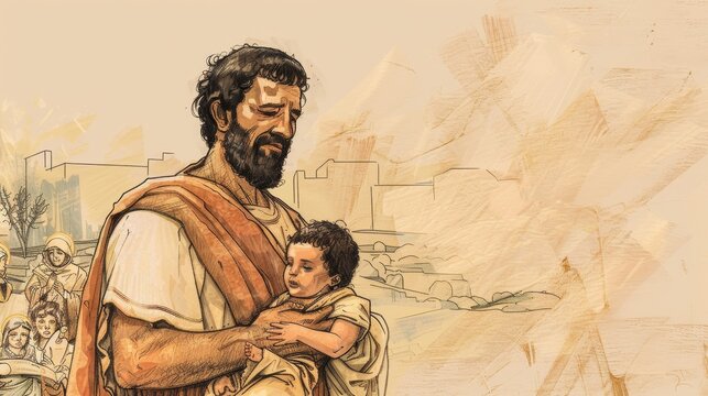 Saint Zachary Holding Newborn Son John the Baptist, Joy and Devotion in Family Setting, Biblical Illustration, Beige Background, Copyspace
