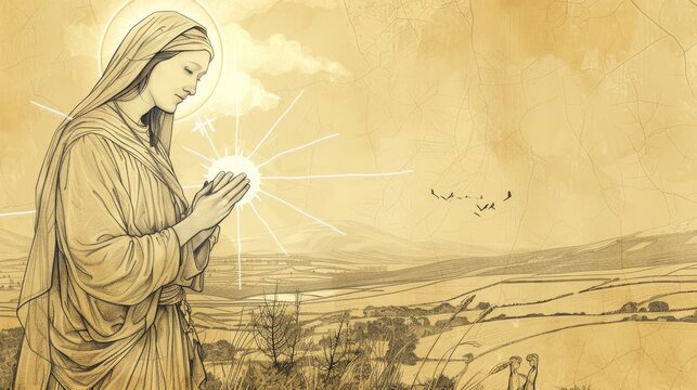 Saint Bridget Performing Miracle, Healing or Providing for Poor, Biblical Illustration, Beige Background, Copyspace
