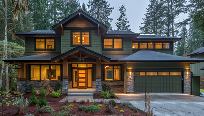 Contemporary Craftsman Style New Construction Green House with Clean, Modern Architecture in a Forested Setting