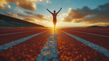 On the race track, a sprinter breaks a world record, crossing the finish line with arms raised in triumph