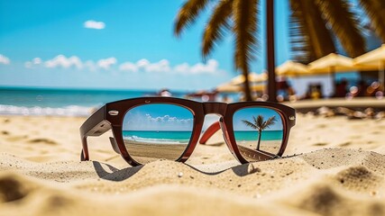 Sunglasses on the beach in which palm trees are reflected