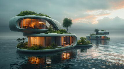 A floating city utilizes modular floating platforms and self-sustaining systems to adapt to rising sea levels, providing resilient housing and infrastructure solutions for coastal communities