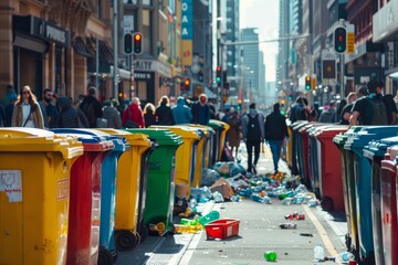 A bustling city street with modern recycling bins generated by AI