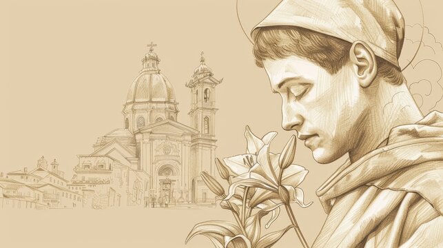 Biblical Illustration of Saint Anthony of Padua in deep prayer, holding a lily symbolizing purity, serene church setting, piety and dedication, beige background, copyspace