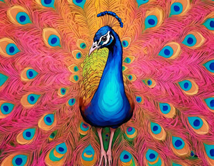 Fototapeta premium Vibrant Peacock with Open Tail Feathers on Colorful Abstract Background