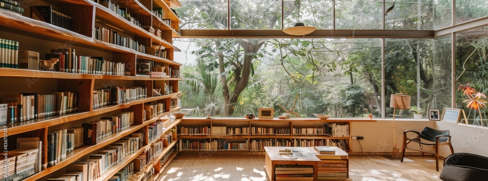 Wall mural A library with bookshelves made from recycled wood generated by AI