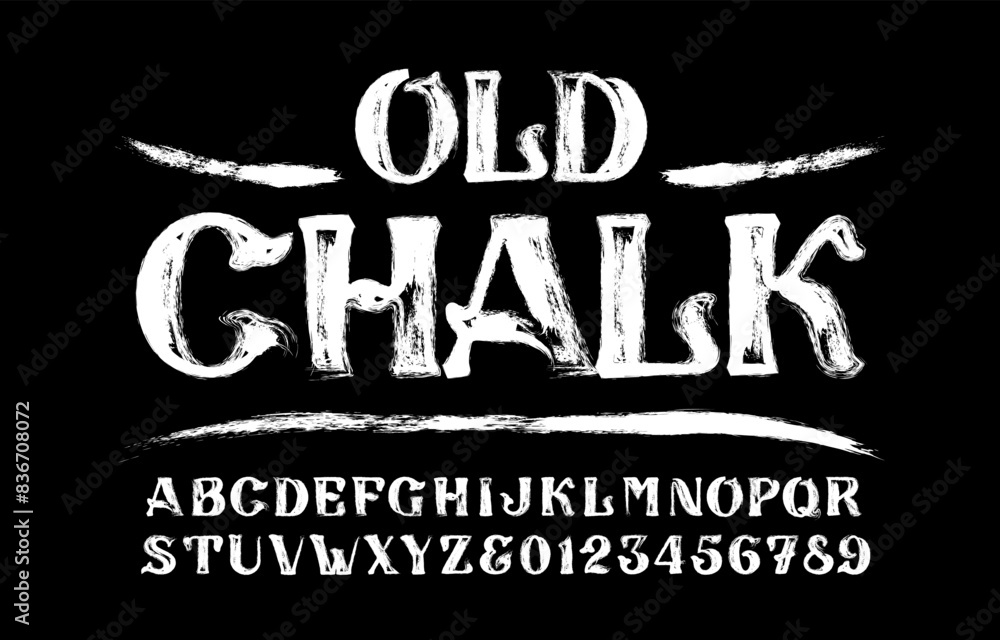 Poster old chalk alphabet font. ancient hand drawn letters and numbers. stock vector typescript for your de