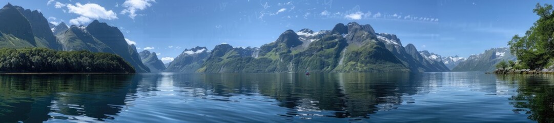 Obraz premium Panoramic landscape of a tranquil mountain lake surrounded by lush greenery and majestic mountains under a clear blue sky.