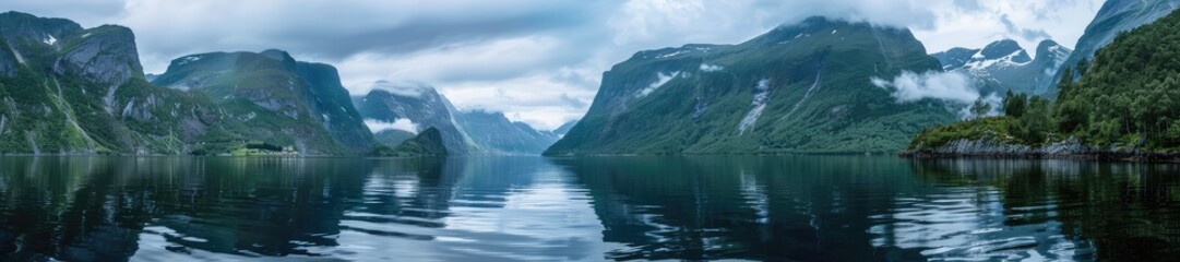 Fototapeta premium Panoramic landscape of a tranquil mountain lake surrounded by lush greenery and majestic mountains under a clear blue sky.