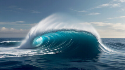 Colossal waves surge across the boundless ocean, showcasing nature's untamed might.