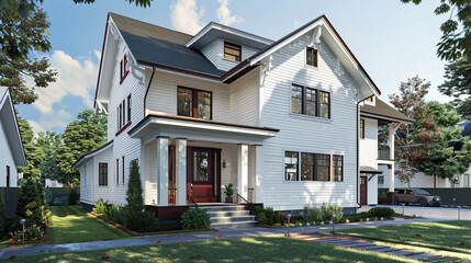 Front angled view of a newly constructed craftsman style white house with maroon accents, located in a vibrant urban neighborhood, sleek and contemporary architecture.