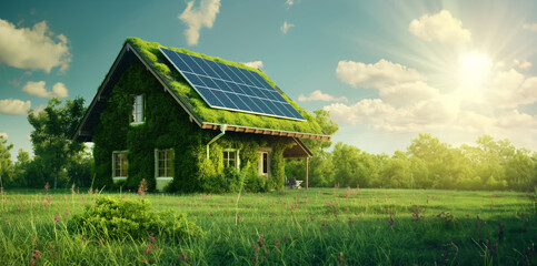 Obraz premium Eco-Friendly House with Solar Panels and Green Roof in Peaceful Rural Setting