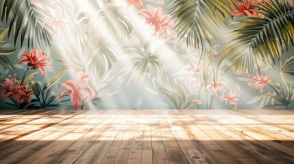  lively summer promotion background with sunlit wooden floors and floral wallpaper.