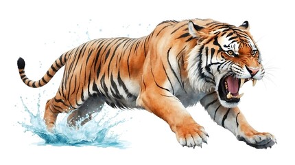 Obraz premium tiger roaring with water splashes, watercolor background