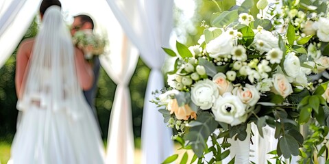 a image of a bride and groom standing under a white wedding arch