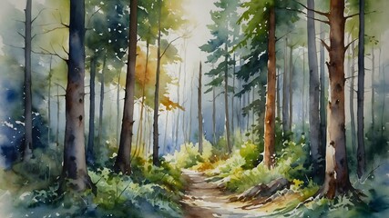 Obraz premium watercolor painting of green forest landscape