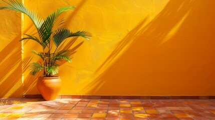  vibrant summer promotion background with bright yellow walls and terracotta tiled floors.