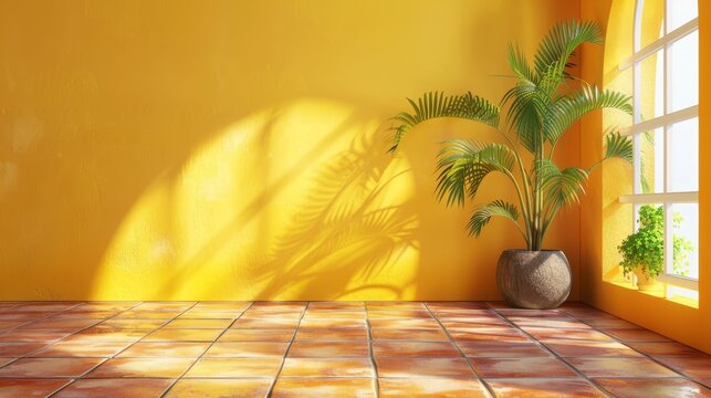  vibrant summer promotion background with bright yellow walls and terracotta tiled floors.