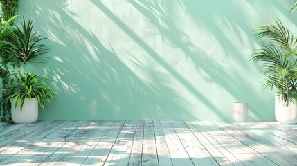  cool summer background with refreshing mint green walls and whitewashed wooden floors.