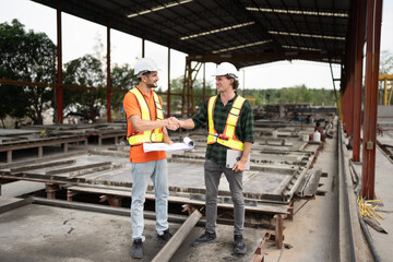Portrait happy caucasian engineer man working and hand shake with Hispanic Latin engineer man at...