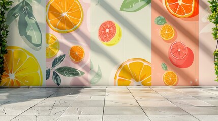  cheerful summer promotion background with citrus fruit patterns on the walls and light stone floors.