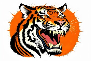 Fototapeta premium a cartoon fierce, angry, bengal tiger, mascot, t-shirt design, illustration, wild, animal, stripes, roar, claws, teeth, predator, jungle, nature, aggressive, strong, powerful, orange, black