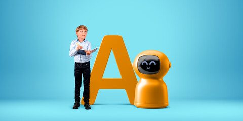 A boy and a yellow robot next to a large letter A on a blue back