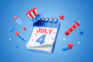 Calendar showing July 4 surrounded by fireworks and stars, colorful style, blue background, American Independence Day holiday.  3D Rendering