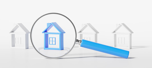 Magnifying glass and row of house to rent or buy, white background