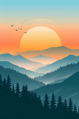 Cartoon style of morning view at mountain