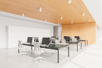 Cozy office business interior with coworking space and shelves, wooden wall