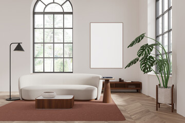 Cozy home living room interior with couch and panoramic window, mockup frame