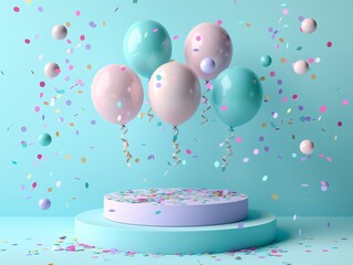 Cake, balloons, confetti on blue background