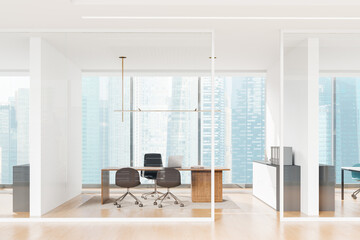 Modern workplace interior with ceo desk and chairs, glass doors and window