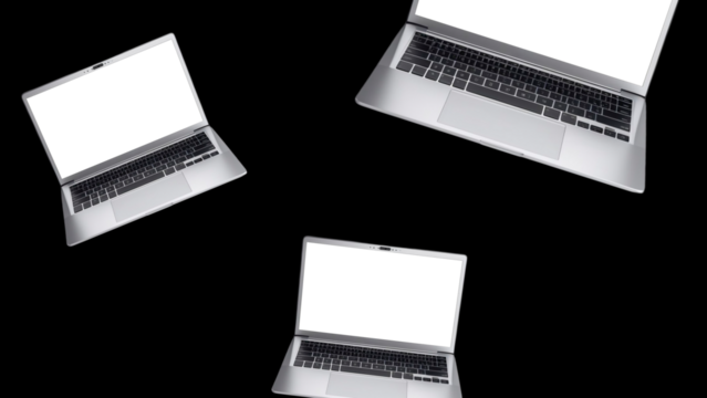 Multiple laptops with black screens on a black background. Ideal for tech advertisements, digital marketing campaigns, promoting computer services, and business presentations