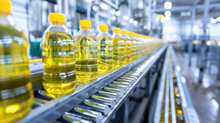Factory for the production of Sunflower oil in the bottle moving on production line