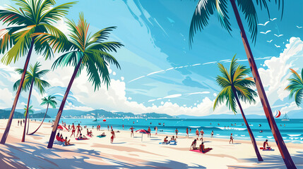 Fototapeta premium a scenic beach view with palm trees and crowd, bright sky.