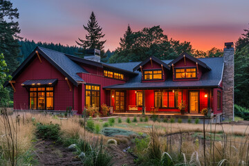 Obraz premium Modern Craftsman Style New Construction Crimson House with Clean Lines and Spacious Interiors in a Peaceful Valley Setting