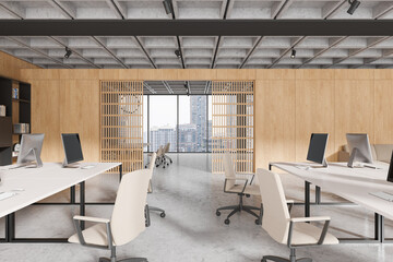 Modern office interior with coworking and meeting room, panoramic window