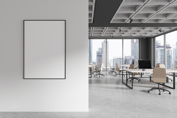 Modern office business room interior with workspace near window. Mockup frame