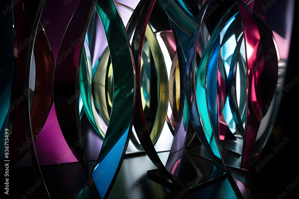 Poster abstract composition with geometric intersecting curved shapes in vibrant colors. generative ai