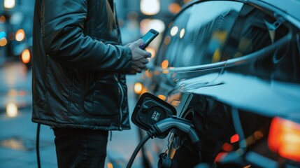 Obraz premium A man holding a smartphone while charging his car at an electric vehicle charging station.