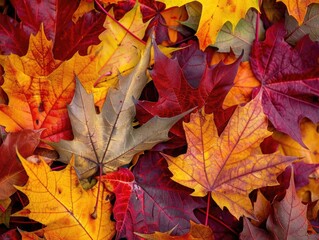 Fototapeta premium Autumn Leaves A closeup of colorful autumn leaves in vibrant reds, oranges, and yellows