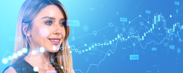 Smiling businesswoman portrait with forex diagrams and candlesticks