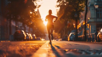 An athletic young woman is exercising outside, performing a fitness workout on the city street. This embodies the sporty lifestyle concept, as the active girl is seen jogging outdoors.